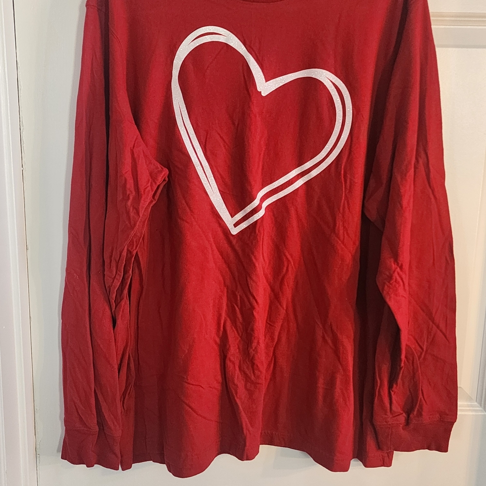 Red Long Sleeve T-Shirt with White Heart Graphic